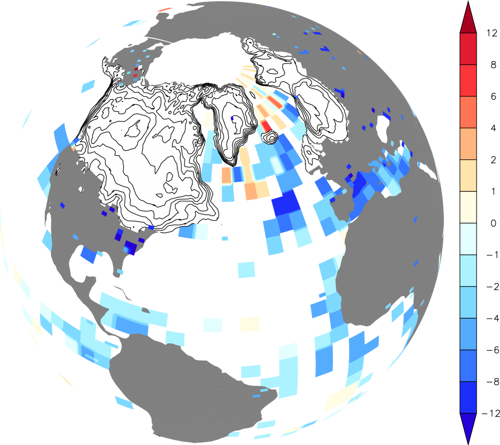 View of Earth during the ice age, showing ice sheets over norther North America, norther Europe and temperature reconstructions